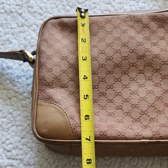 GUCCI Brown Tan Shoulder Bag w/ Signature Logo Fabric Leather sides Gold Details - Picture 10 of 16
